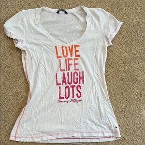 Tommy Hilfiger Women's White Tee with Pink and Orange Graphic